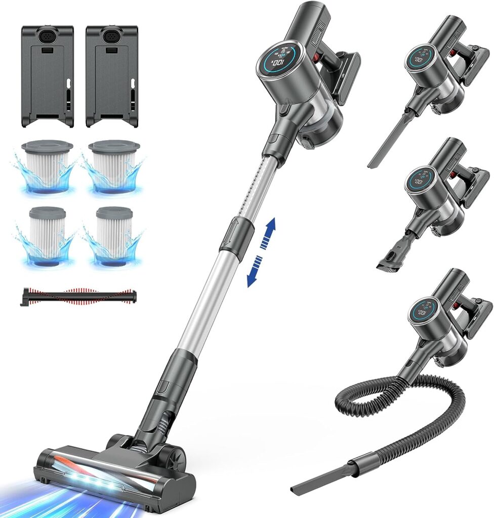 Airpher Cordless Vacuum Cleaner with 2 Batteries, 450W 33Kpa Stick Vacuum Up to 100min Runtime, Lightweight Cordless Vacuum with LED Display Brushless Motor for Pet Hair Carpet Hard Floor