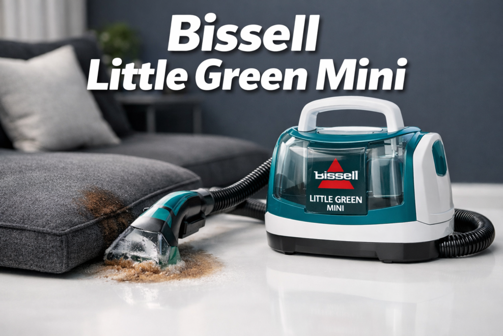 Bissell Little Green Mini image with bold text overlay 'Bissell Little Green Mini' in extra large 72pt white bold sans-serif font with deep shadow effect, centered upper third composition. Background shows a compact teal and white portable spot cleaner machine on a clean white surface with a freshly cleaned upholstered couch cushion and a small stain being removed. Color scheme: teal, white, and charcoal grey. Magazine cover aesthetic, editorial quality, high contrast, product lifestyle photography style. Bissell Little Green Mini