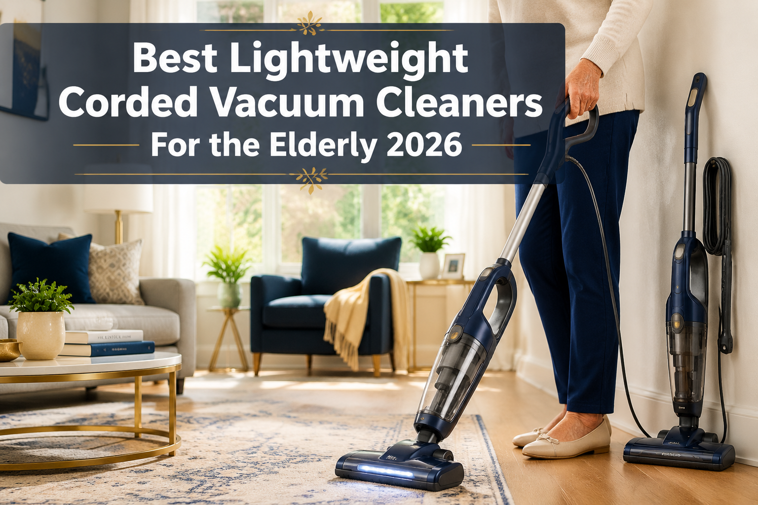 Professional landscape format (1536x1024) hero image with bold text overlay: 'Best Lightweight Corded Vacuum Cleaners For the Elderly 2026' in extra large 72pt white bold sans-serif font with dark semi-transparent background strip for contrast, centered upper third. Background shows a bright, clean modern living room with a slim corded vacuum leaning against a white wall, soft natural light streaming through windows, warm neutral tones. An older adult's hands gently grip an ergonomic vacuum handle in the foreground. Color scheme: warm white, navy blue, soft gold accents. Magazine cover quality, editorial style, high contrast, inviting and trustworthy aesthetic.
